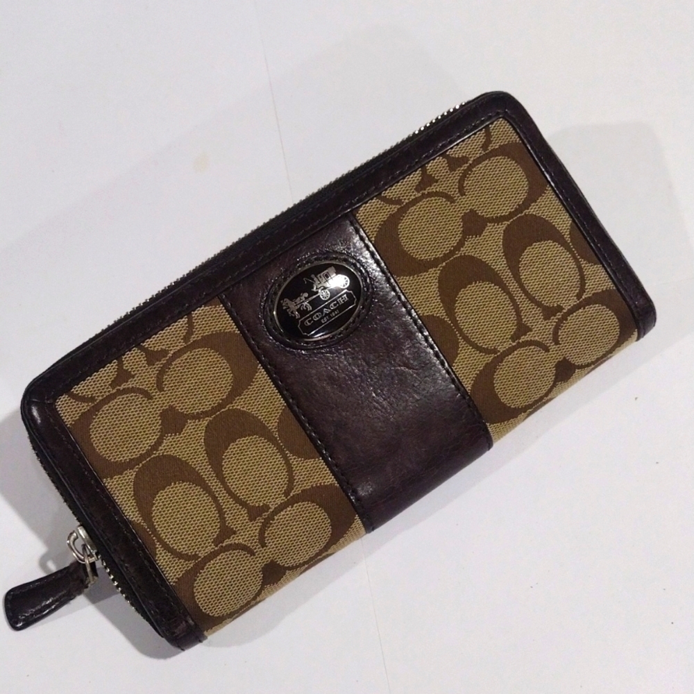 Coach Brown Canvas & Leather Trim Long Wallet – Round Zipper, Signature Logo - Picture 10 of 14